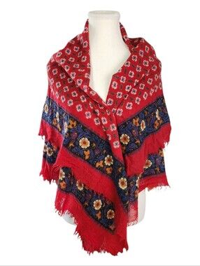 Vintage Yves Saint Laurent YSL Red Floral Wool Blend Square Scarf Shawl Wrap